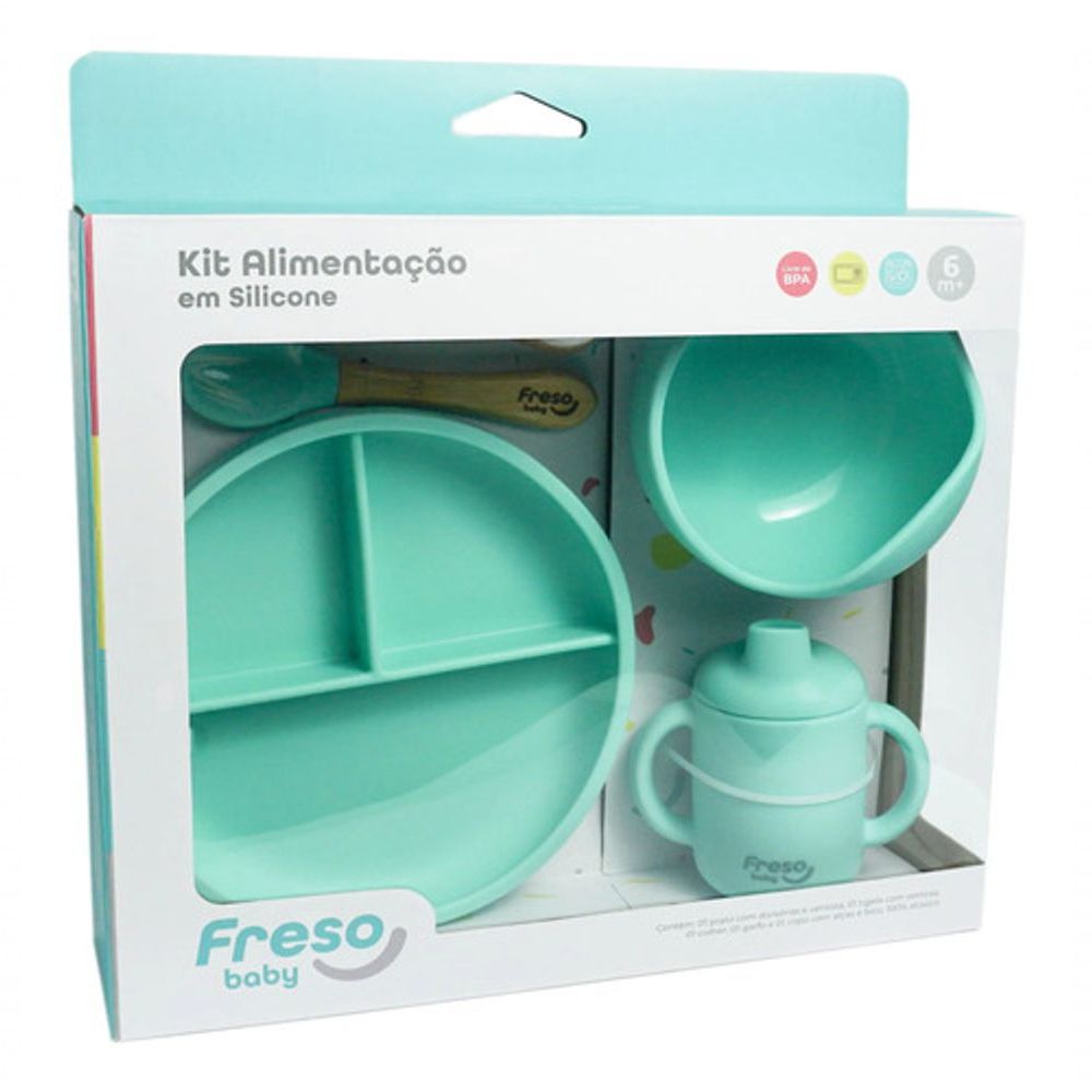 Kit Alimentação Bebê Freso Baby Silicone com Ventosa e Talheres Bambu Verde