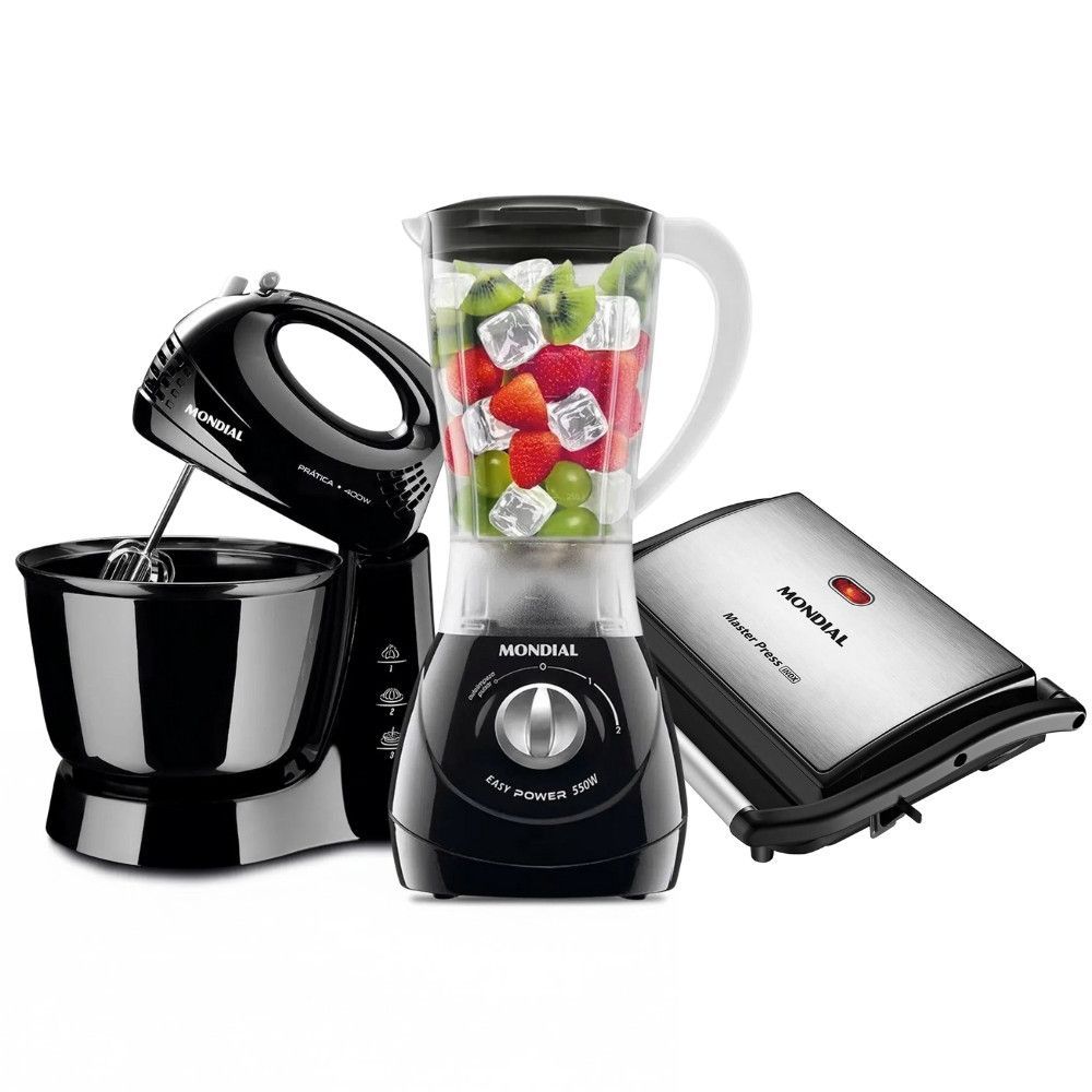 Kit Batedeira Liquidificador e Grill Mondial B-44-B L-550 PG-01 400W 550W 1000W Preto-Inox 220V