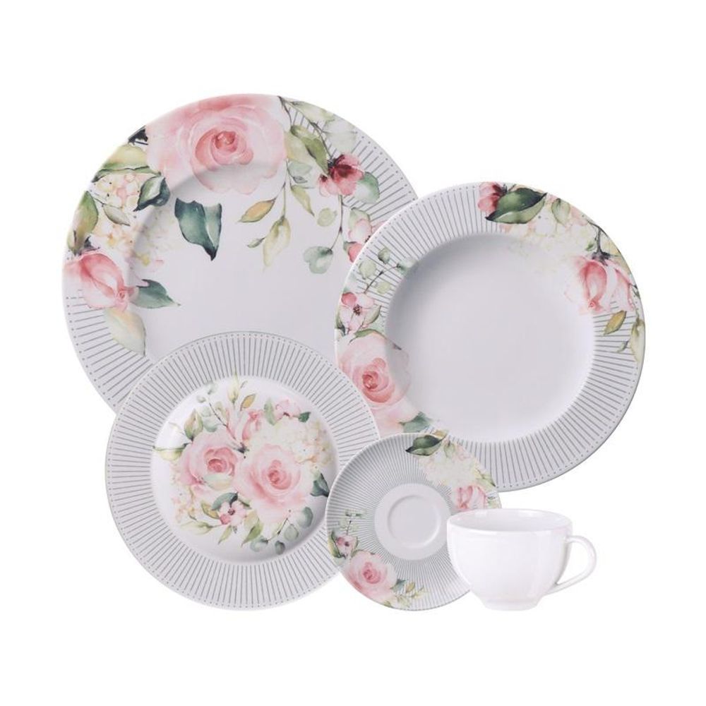 Aparelho de Jantar Ornatta 20 Peças Porcelana Decorada Estampado Floral para Uso Diário e Ocasiões Especiais Tramontina