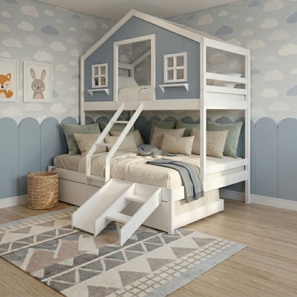 Beliche Casal Sonhos Infantil Casinha dos Sonhos com Escorregador Madeira Maciça Branco e Azul Housin