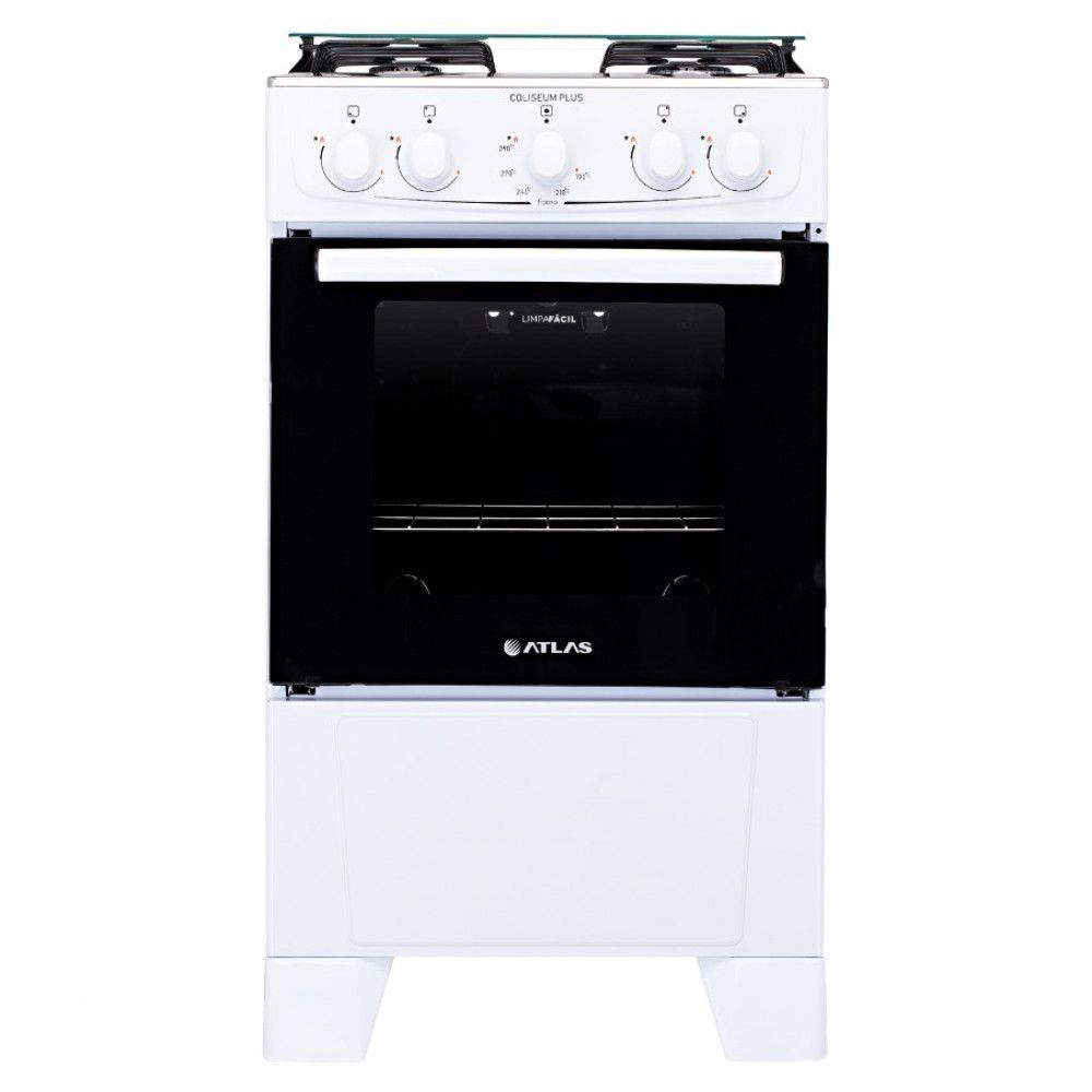 Fogão de Piso 4 Bocas GLP Atlas Coliseum Mesa em Aço Inox com Vidro Acendimento Manual Branco 50L