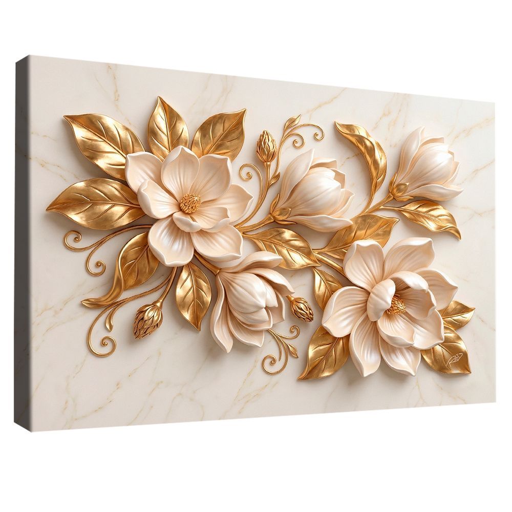 Quadro Decorativo Flores Douradas 3D Retangular em Canvas com Moldura de Madeira Nobre Reflorestada Dourado BR Artes