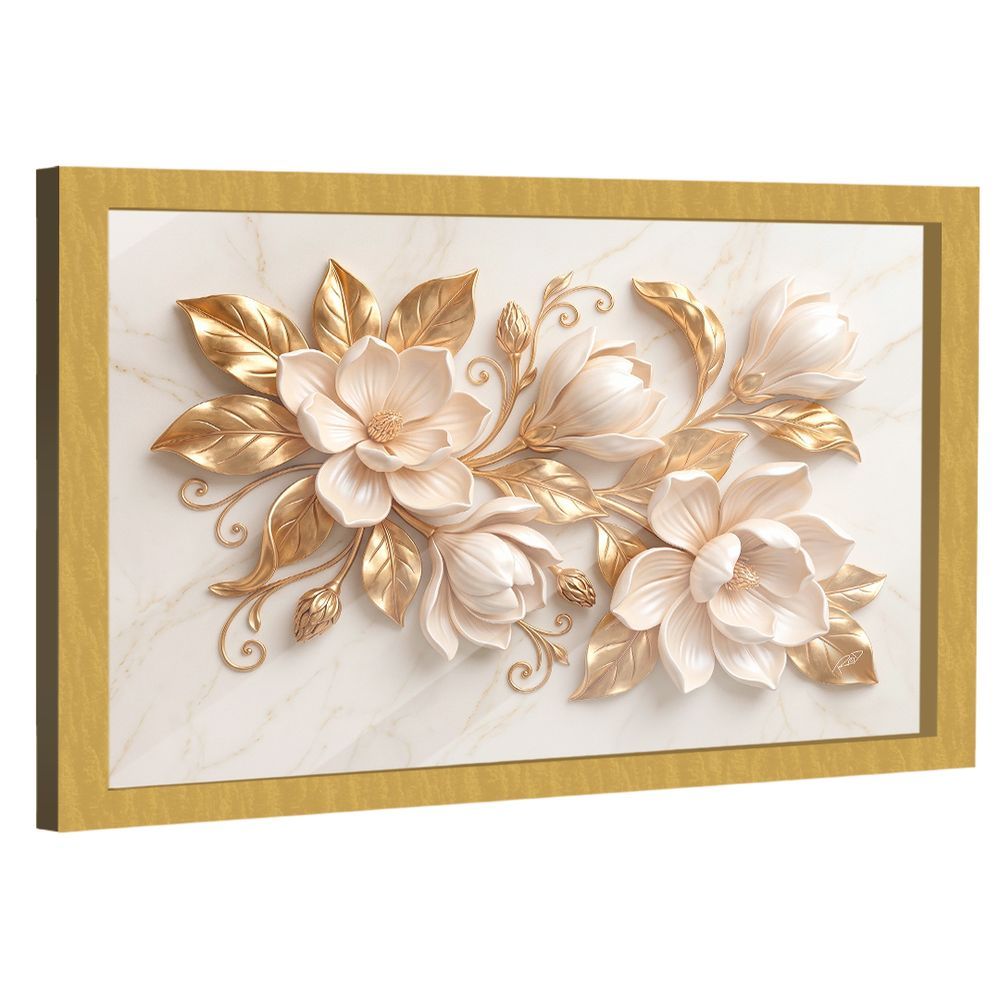 Quadro Decorativo Flores Douradas Retangular com Moldura e Vidro em Madeira Nobre Reflorestada Dourado BR Artes 118x78CM