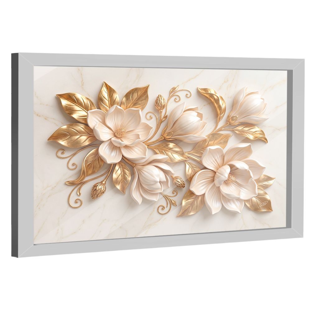 Quadro Decorativo Flores Douradas 3D Retangular 84x54CM em Madeira Nobre Reflorestada com Vidro Branco BR Artes