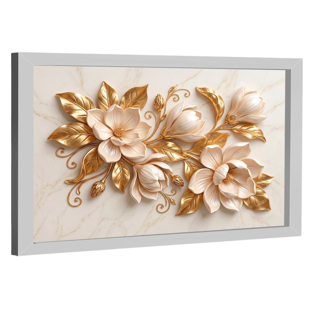 Quadro Decorativo 3D Flores Douradas Retangular 150x100cm em Madeira Nobre Reflorestada com Moldura Branca Dourado BR