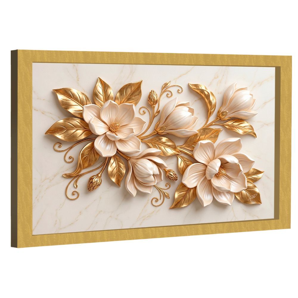 Quadro Decorativo Flores Douradas Retangular 180x105CM em Madeira Nobre Reflorestada com Moldura Dourado BR Artes