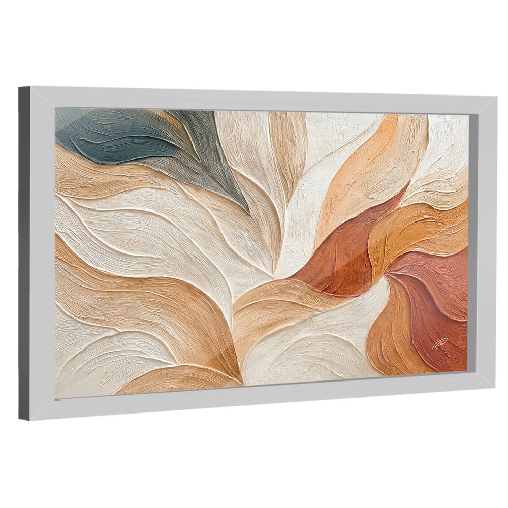 Quadro Decorativo Abstrato Espatulado Ondulado Bra-03530 Retangular com Moldura em Madeira Nobre Reflorestada Branco BR