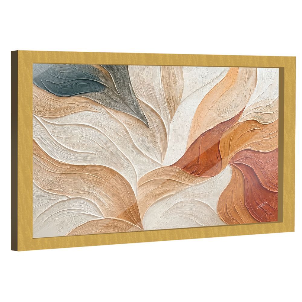 Quadro Decorativo Abstrato Espatulado Ondulado Retangular com Moldura Dourada em Madeira Nobre Reflorestada BR Artes