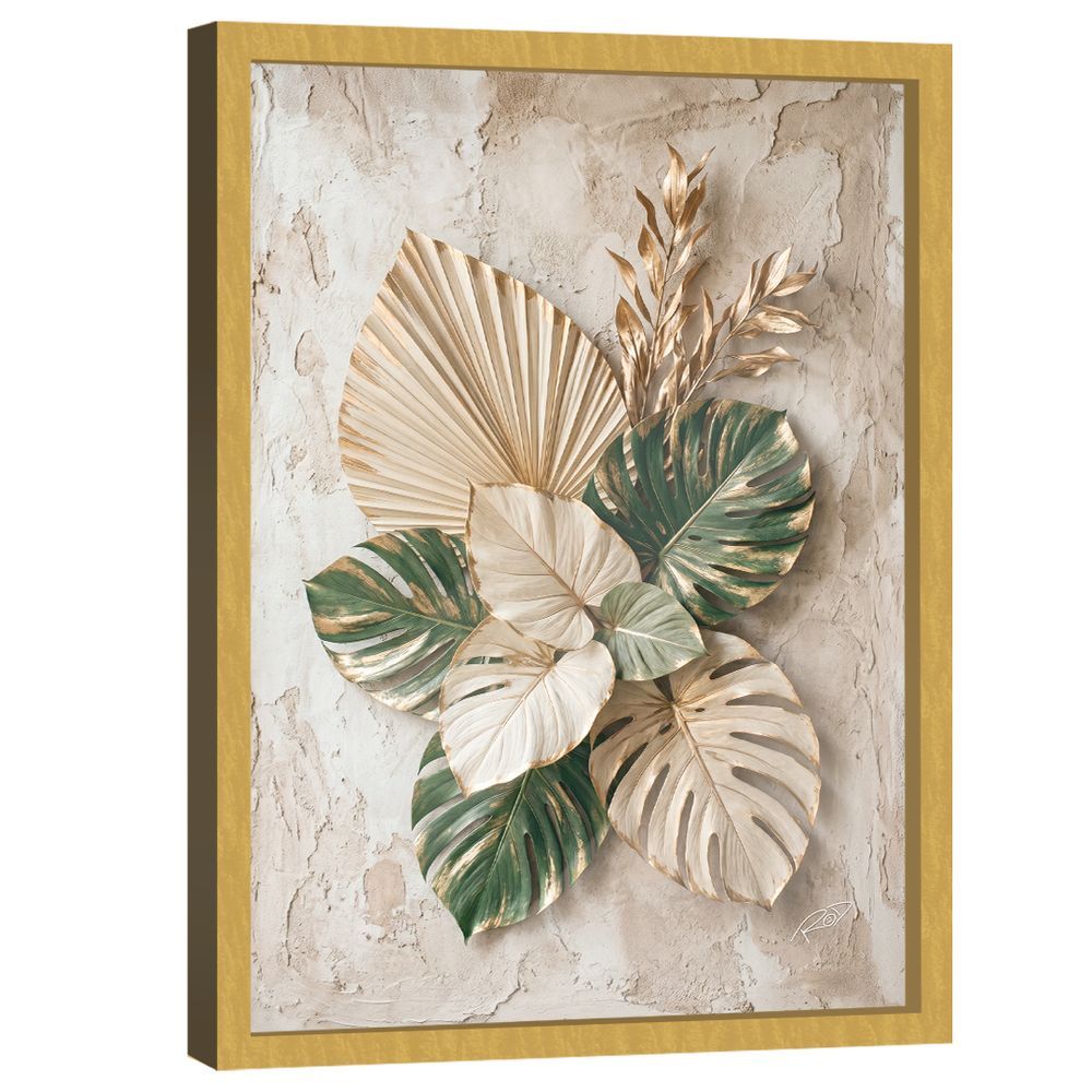 Quadro Decorativo 3D Folhas Retangular com Moldura em Madeira Nobre Reflorestada Parafuso Verde Dourada BR Artes