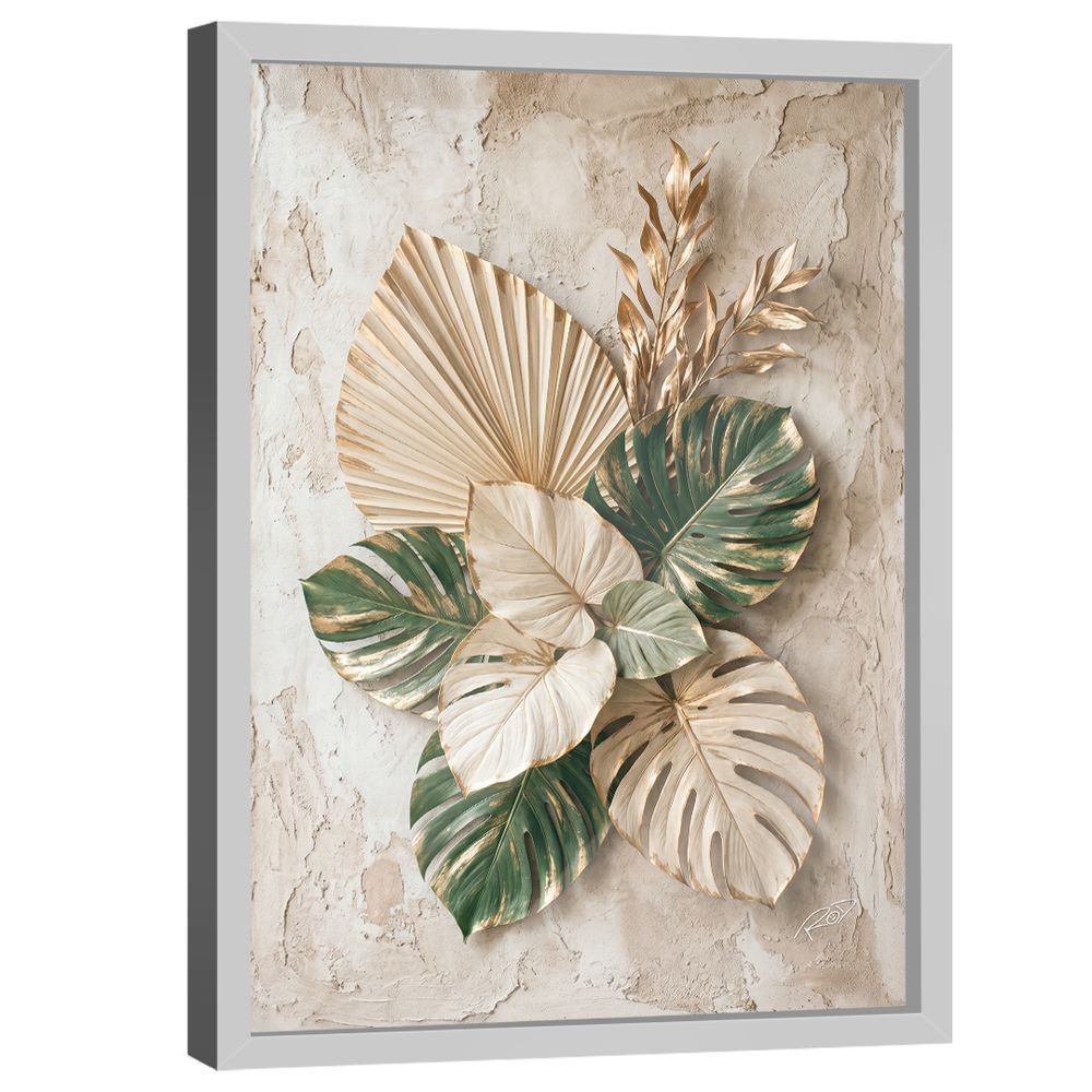 Quadro Decorativo 3D Folhas Retangular em Madeira Nobre Reflorestada com Vidro Verde Dourada BR Artes 118X78CM