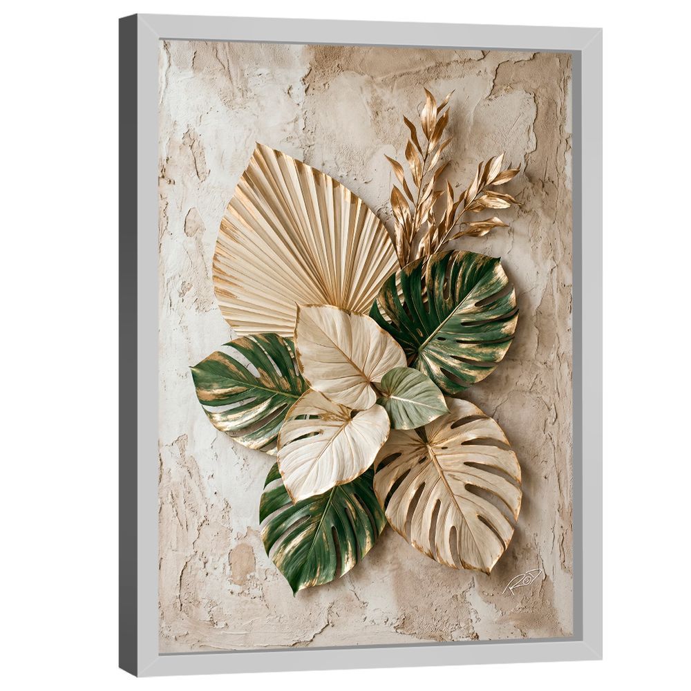 Quadro Decorativo 3D Folhas Verde e Dourada Retangular em Canvas com Moldura Branca Madeira Nobre Reflorestada BR Artes