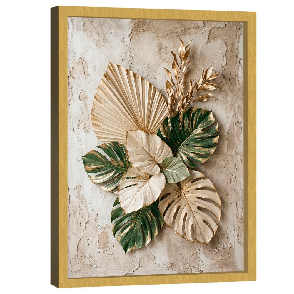 Quadro Decorativo 3D Folhas Verde Dourada Retangular em Canvas com Moldura de Madeira Nobre Reflorestada BR Artes