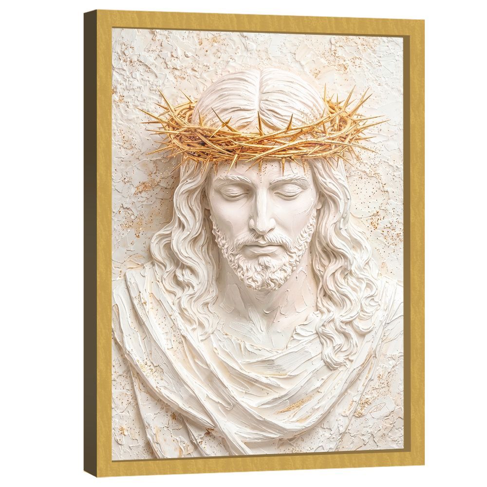 Quadro Decorativo Golden Jesus 3D Retangular com Moldura em Madeira Nobre Reflorestada Dourado BR Artes 118X78CM