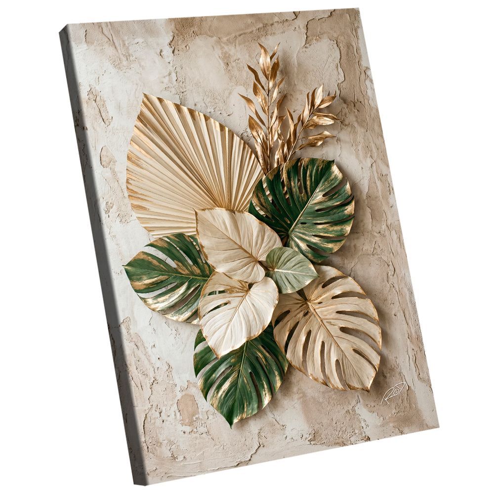 Quadro Decorativo 3D Folhas Retangular 60x40CM em Madeira Nobre Reflorestada Verde Dourada BR Artes