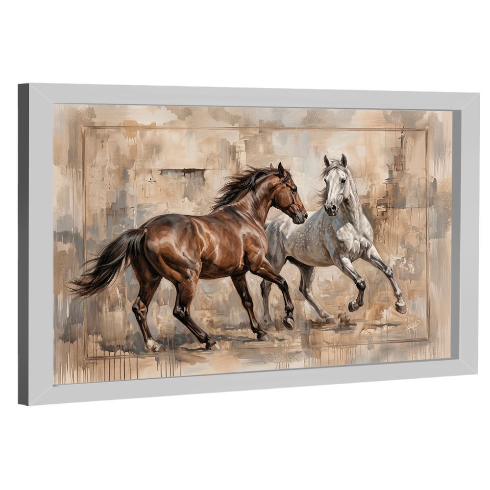 Quadro Decorativo Cavalos em Fundo Abstrato Retangular 60x40CM em Madeira Nobre Reflorestada com Moldura Branco BR Artes