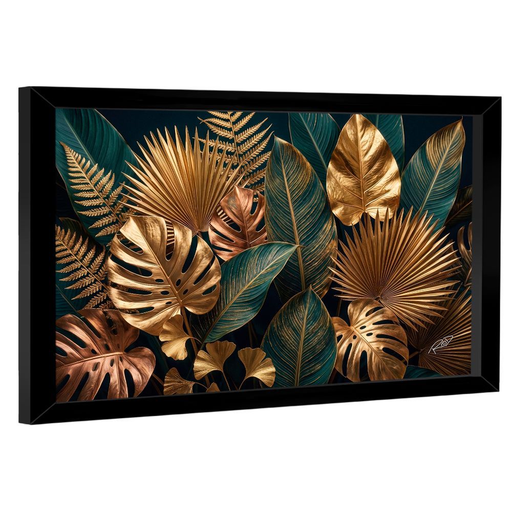 Quadro Decorativo Folhagem Bra-03505 Retangular com Moldura em Madeira Nobre Reflorestada Suporte Invisível Preto BR