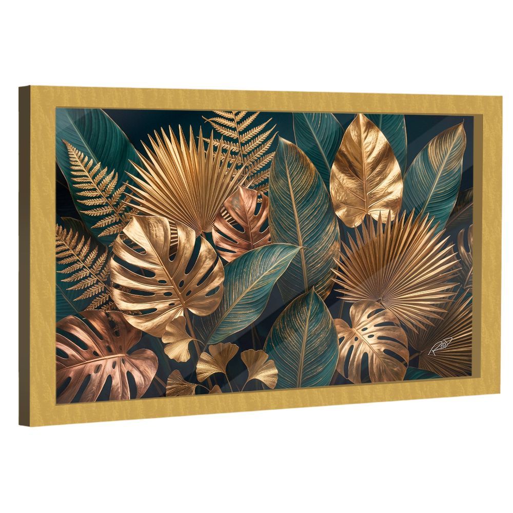 Quadro Decorativo Folhagem BRA-03505 Retangular com Moldura Dourada em Madeira Nobre Reflorestada BR Artes