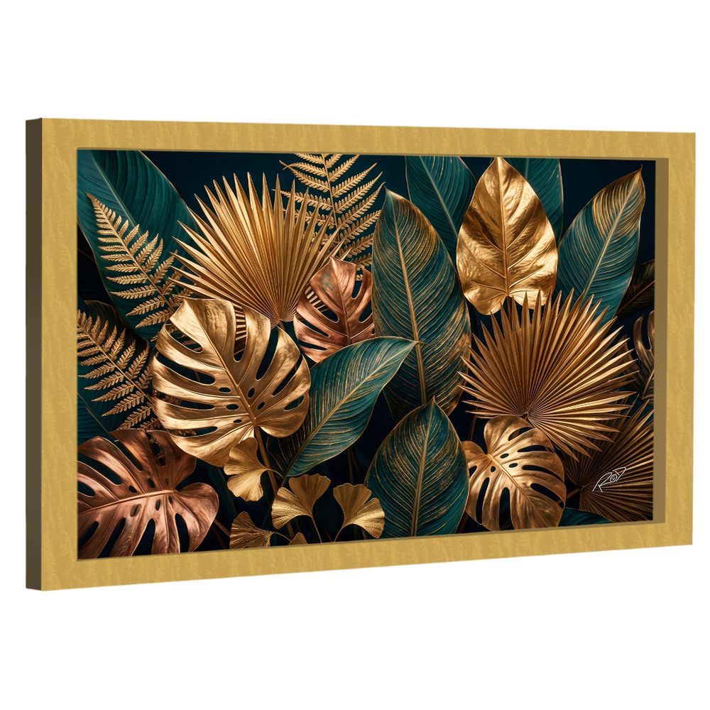 Quadro Decorativo Folhagem Retangular 60x40CM em Madeira Nobre Reflorestada com Fixação Padrão Dourado BR Artes