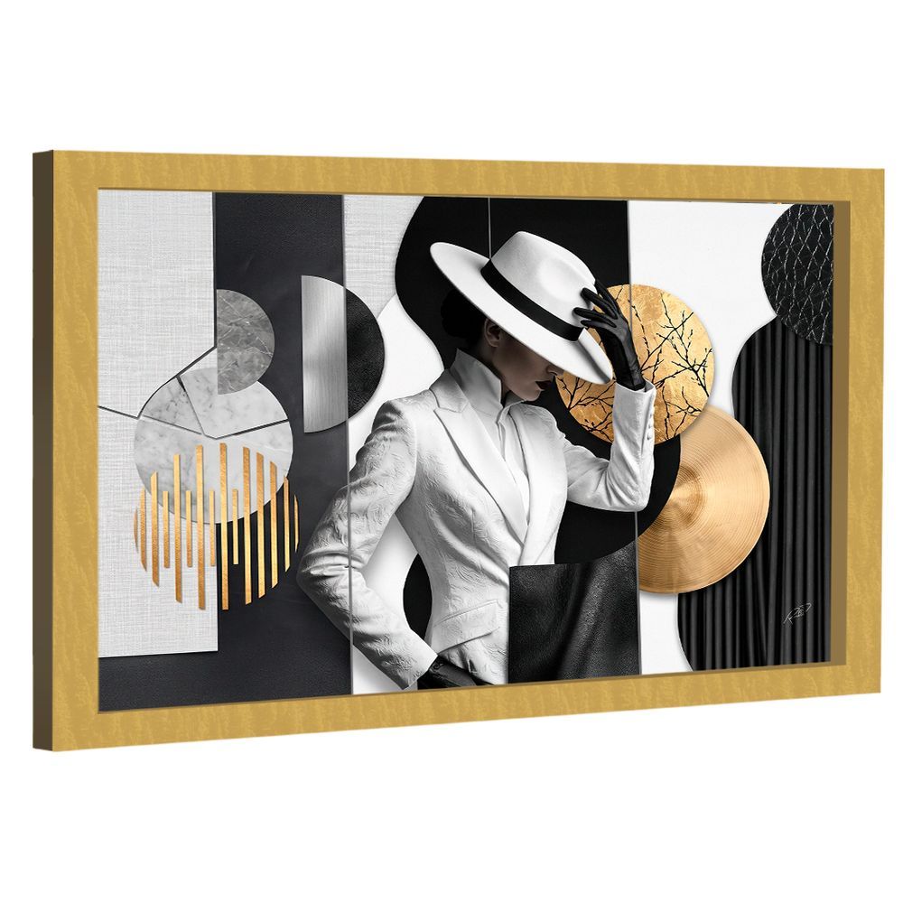 Quadro Decorativo Mulher Retangular 60x40CM em Madeira Nobre Reflorestada com Moldura Dourada Preto Branco e Dourado BR