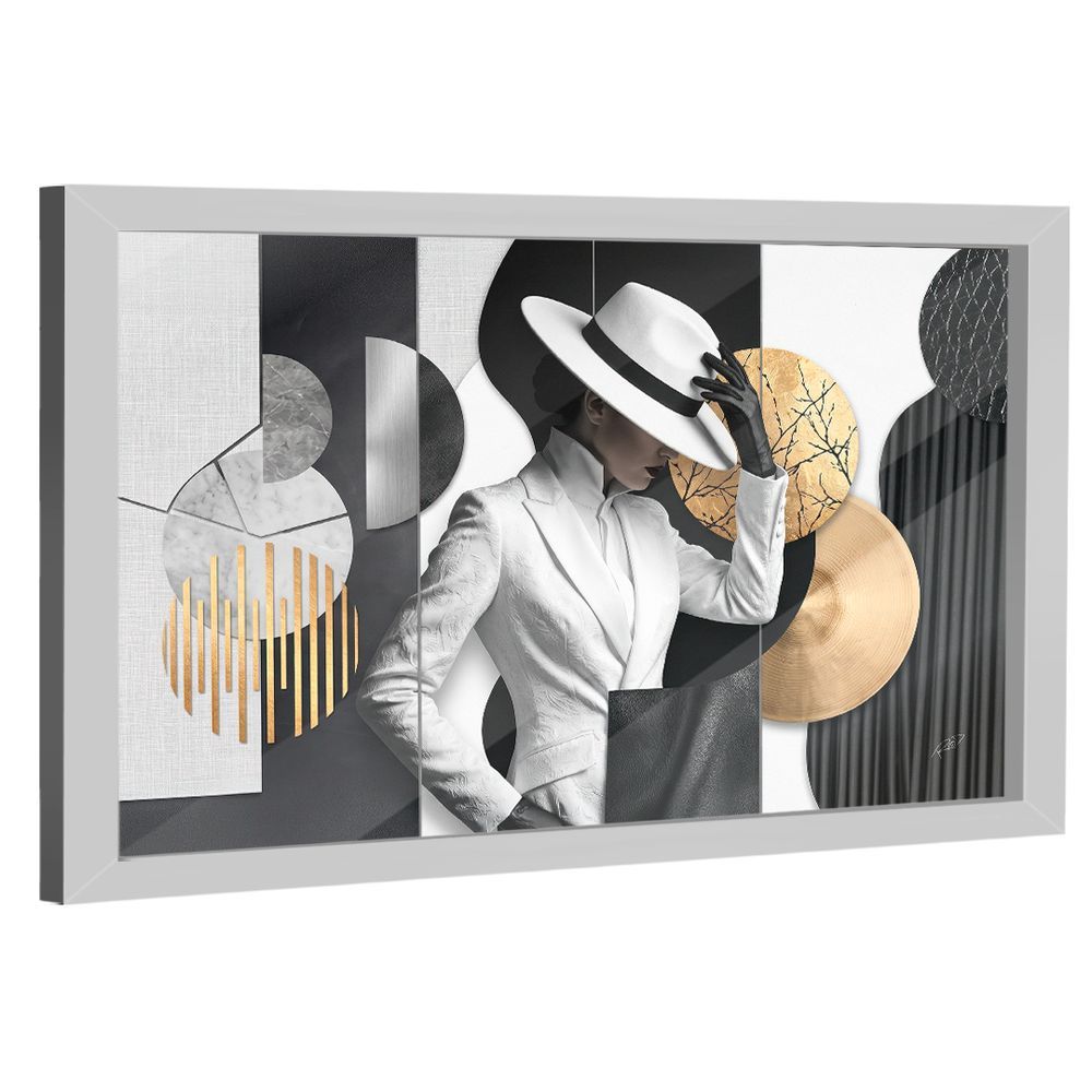 Quadro Decorativo Mulher Retangular 84x54CM em Madeira com Vidro Preto Branco e Dourado BR Artes
