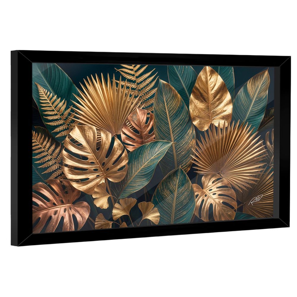Quadro Decorativo Folhagem BRA-03505 Retangular em Madeira Nobre Reflorestada com Vidro Preto BR Artes