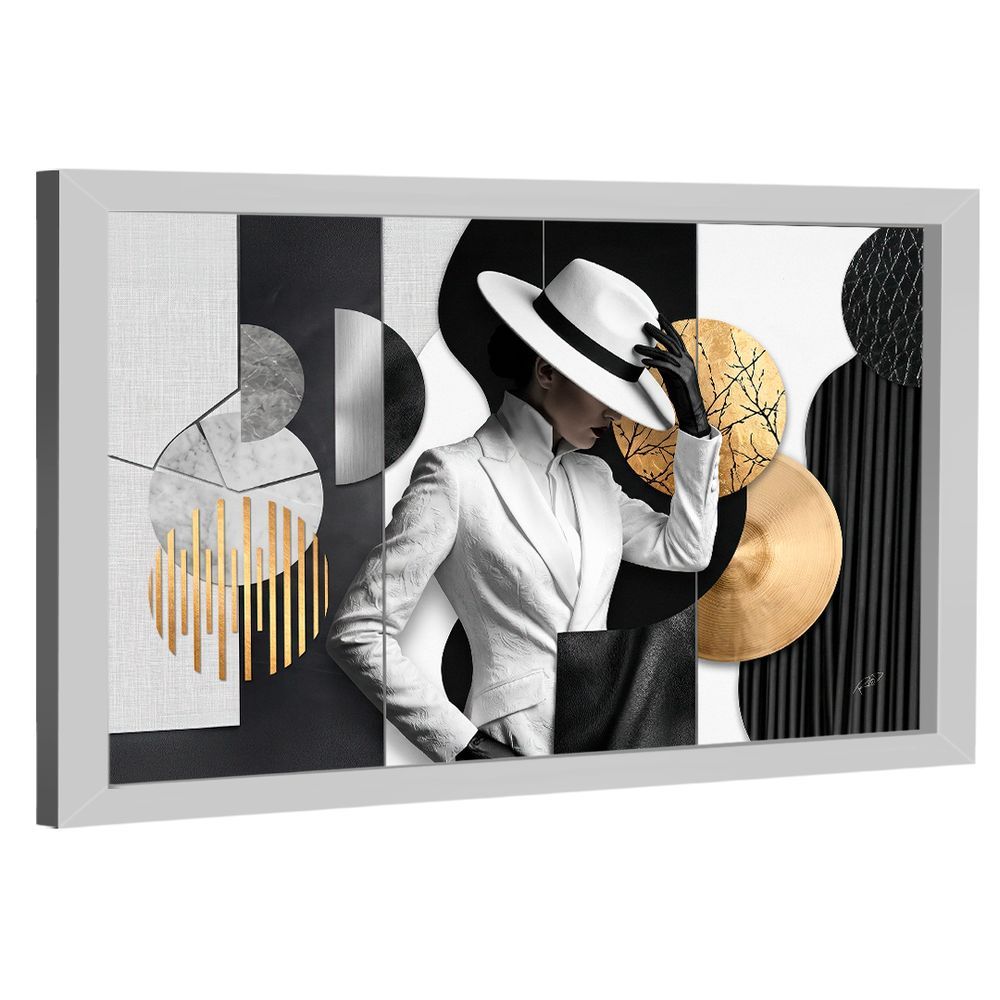 Quadro Decorativo Mulher Retangular 84x54CM em Madeira Nobre Reflorestada com Canvas Preto Branco e Dourado BR Artes
