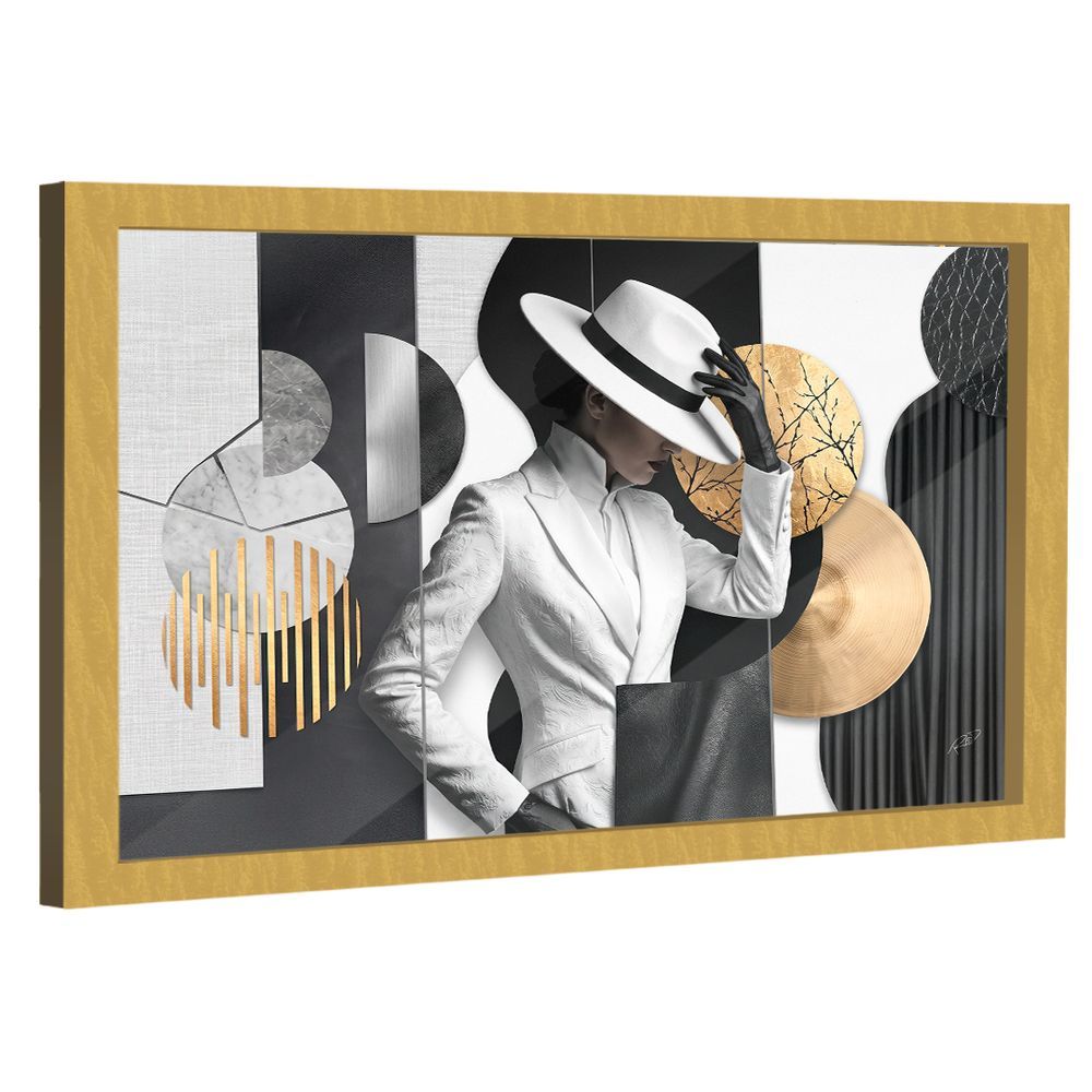 Quadro Decorativo Mulher Retangular 60x40CM em Madeira Nobre Reflorestada com Vidro Preto Branco e Dourado BR Artes