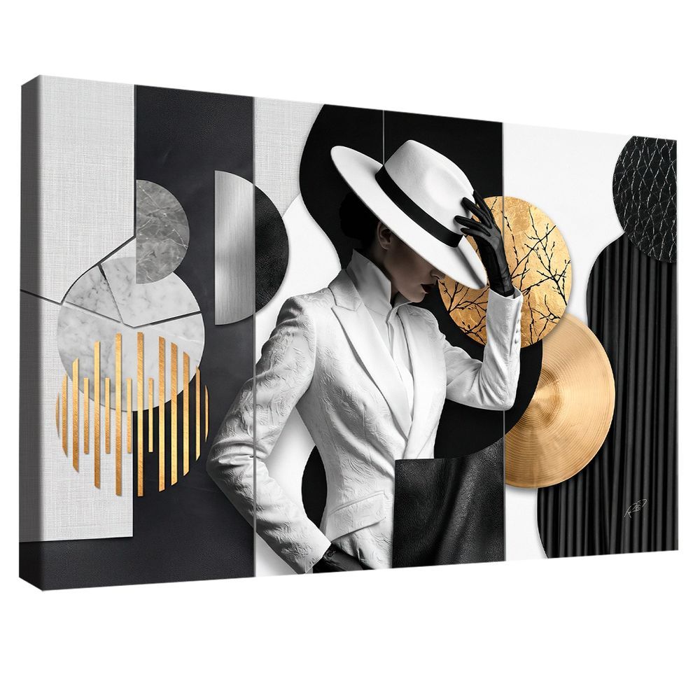 Quadro Decorativo Mulher Moderno Canvas 118x78cm em Madeira Nobre Reflorestada Preto Branco e Dourado BR Artes