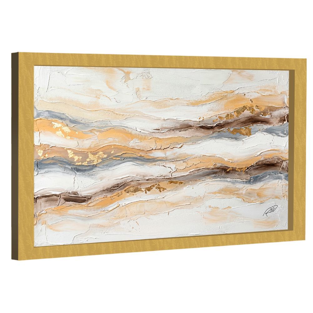 Quadro Decorativo Textura Marmorizada Retangular 150x100cm em Madeira Reflorestada com Moldura Dourada e Vidro BR Artes