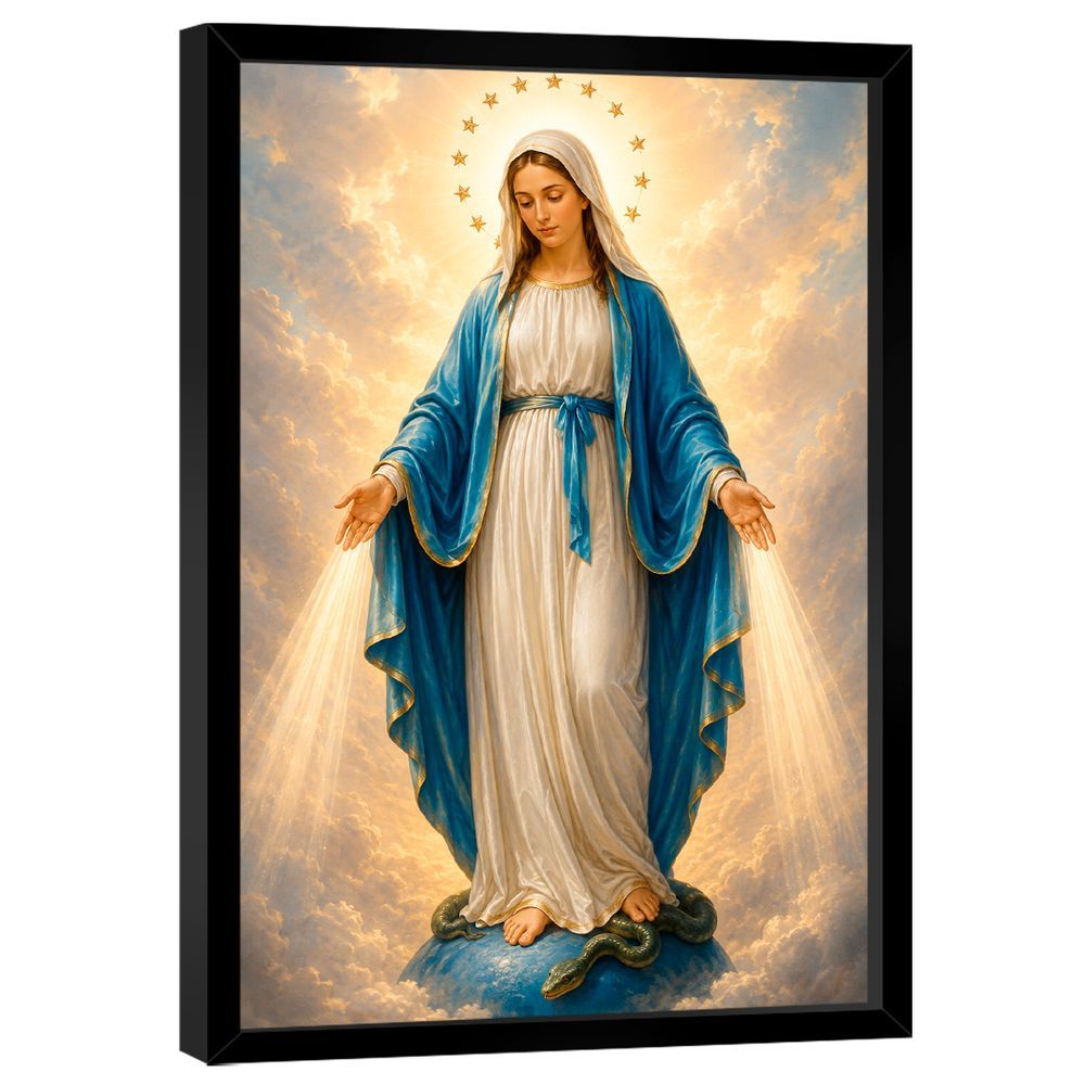 Quadro Decorativo Maria Vencendo o Pecado Retangular 60x40cm em Madeira Nobre Reflorestada com Fixação Padrão Preto BR