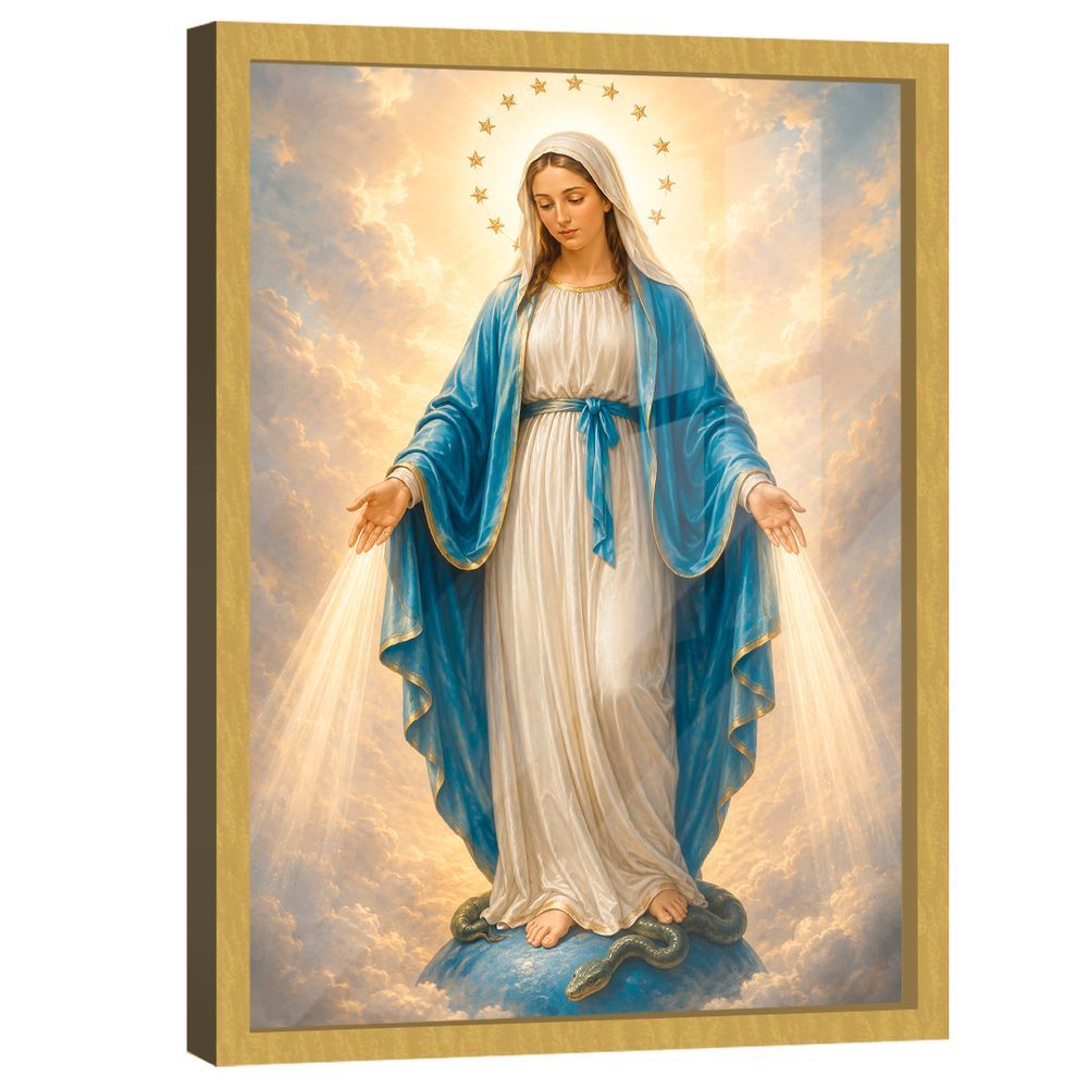 Quadro Decorativo Maria Vencendo o Pecado Retangular com Moldura Dourada e Vidro em Madeira Nobre Reflorestada BR Artes