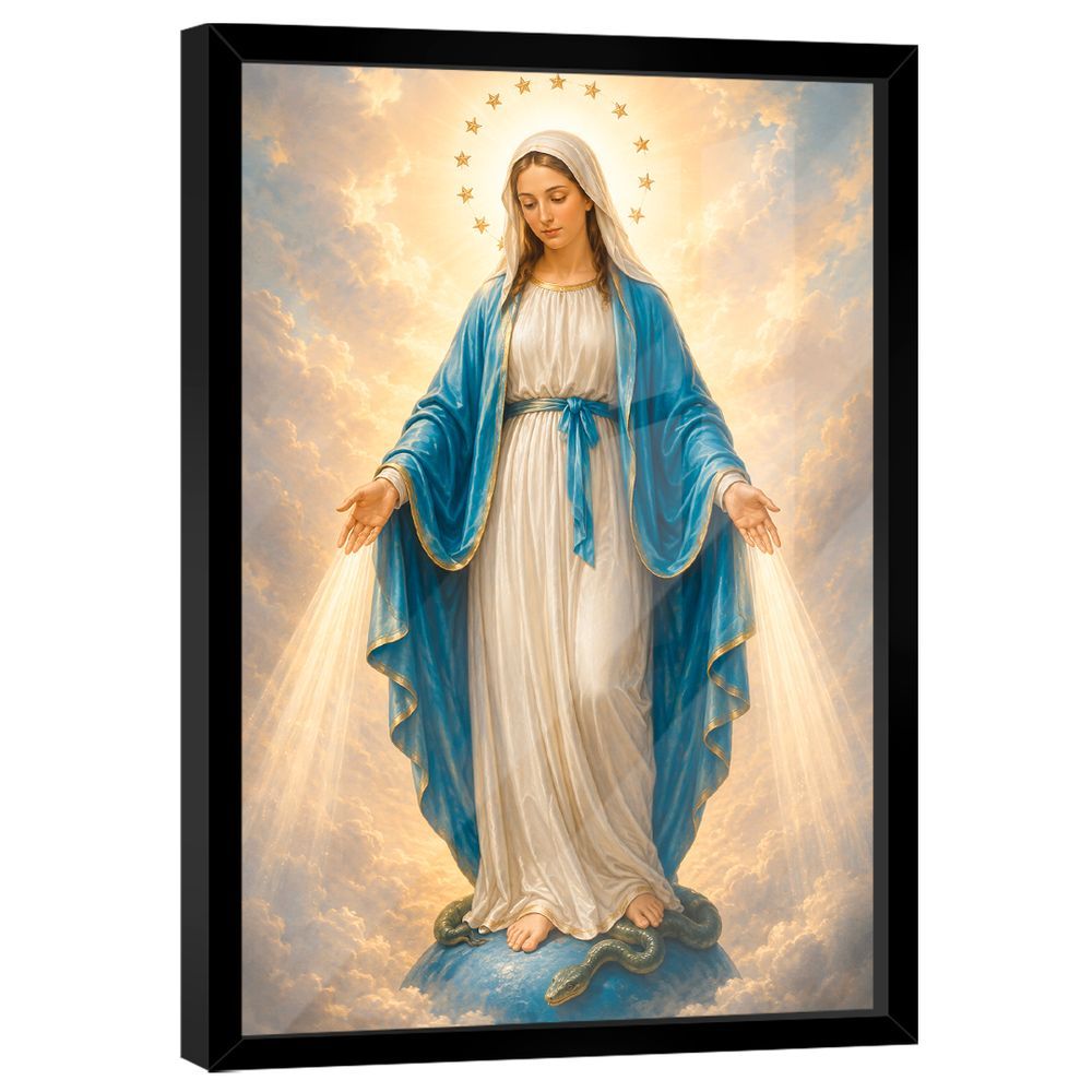 Quadro Decorativo Maria Vencendo o Pecado Retangular 60x40CM em Madeira Nobre Reflorestada com Vidro Preto BR Artes