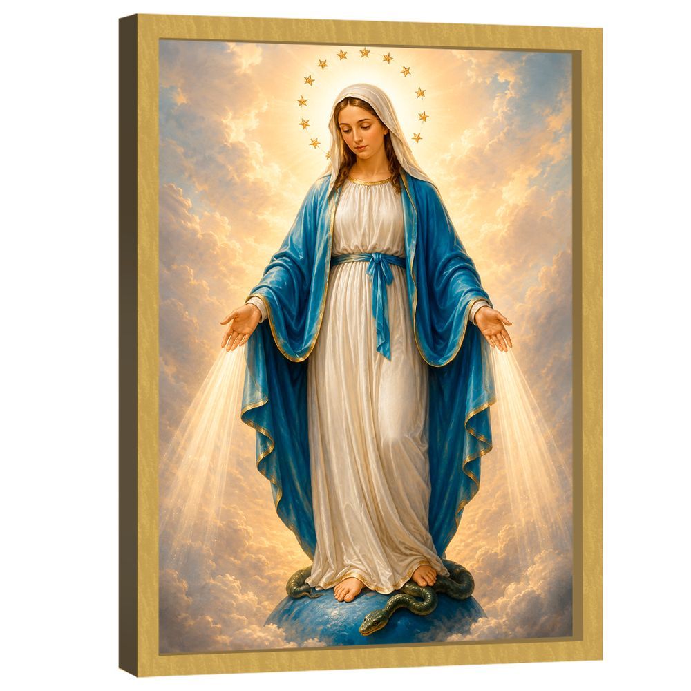 Quadro Decorativo Maria Vencendo o Pecado Retangular 150x100CM em Madeira Nobre Reflorestada com Fixação Padrão Dourado