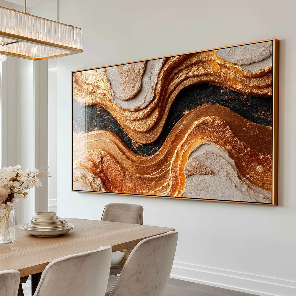 Quadro Decorativo Abstrato Golden Black Retangular 150x100cm em Canvas com Moldura de Madeira Nobre Reflorestada Preta