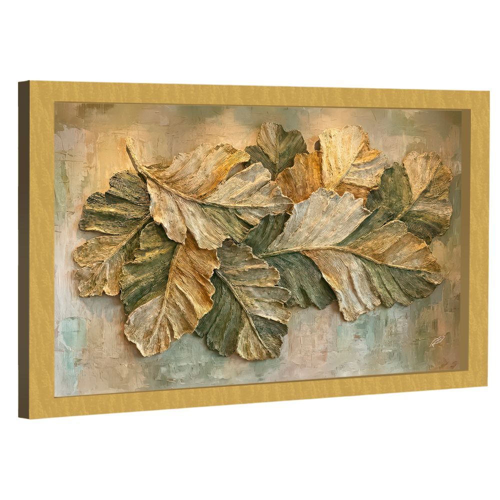 Quadro Decorativo Folhas Modernas Retangular em Madeira Nobre Reflorestada com Moldura Dourada BR Artes