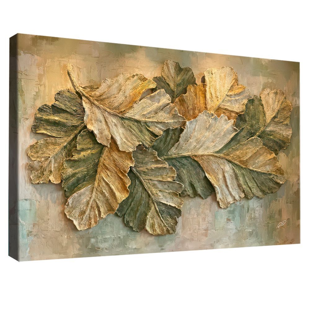 Quadro Decorativo Folhas Modernas Retangular 60x40CM em Canvas com Moldura de Madeira Nobre Verde BR Artes