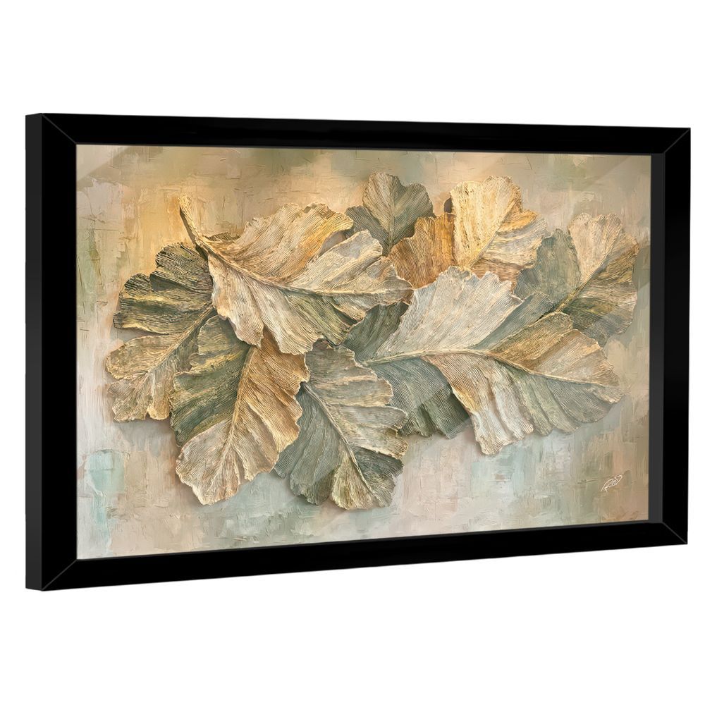 Quadro Decorativo Folhas Modernas Retangular com Moldura em Madeira Nobre Reflorestada Preto BR Artes