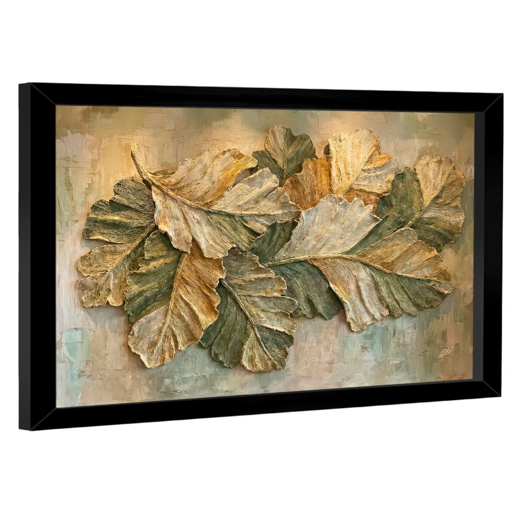 Quadro Decorativo Folhas Modernas Retangular em Canvas com Moldura de Madeira Nobre Reflorestada Preta BR Artes