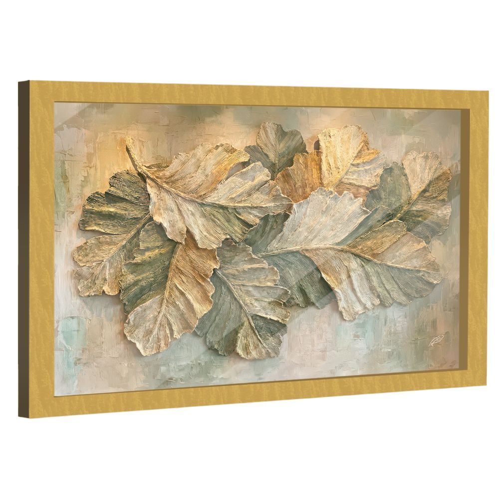 Quadro Decorativo Folhas Modernas Retangular em Canvas com Moldura Dourada Madeira Nobre Reflorestada BR Artes