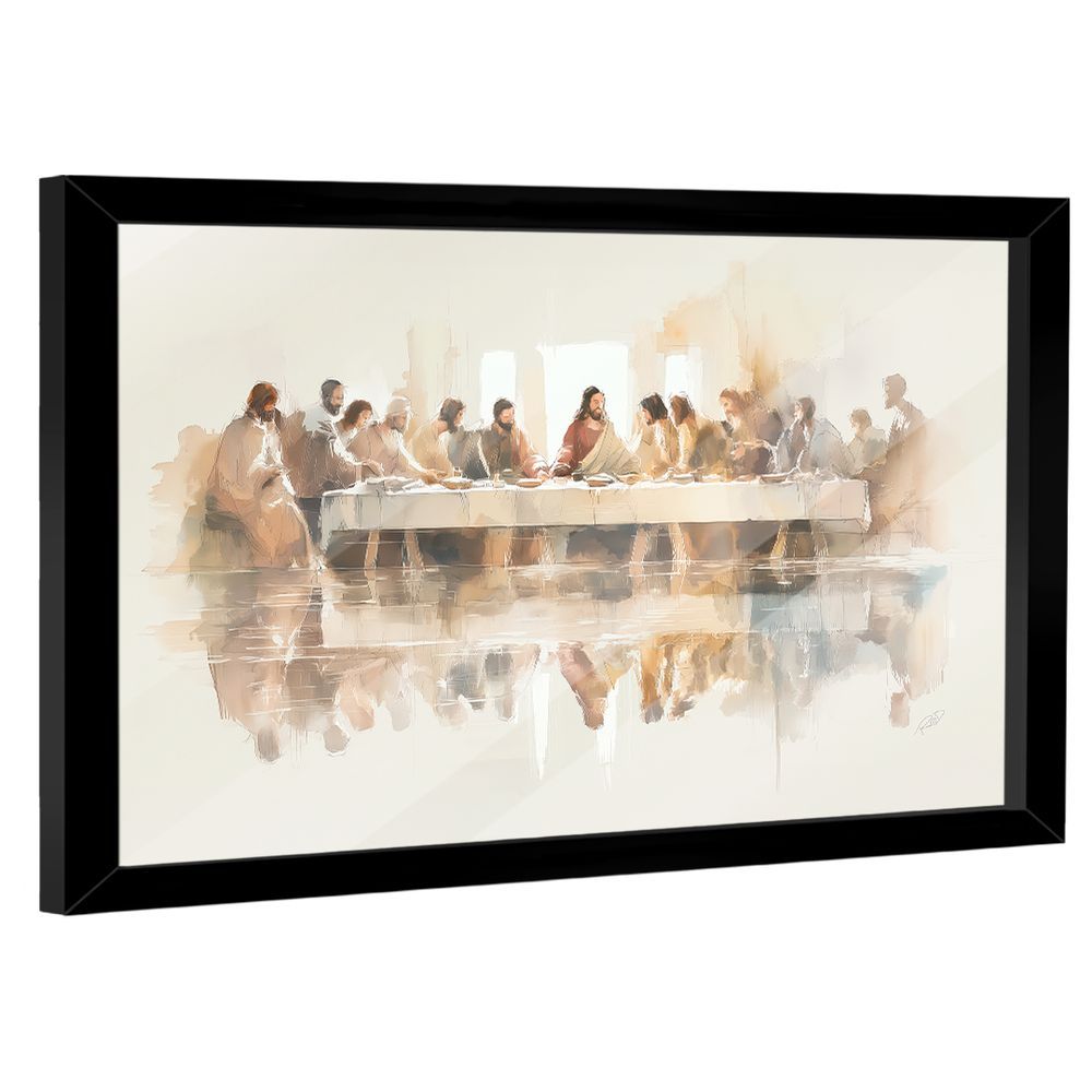 Quadro Decorativo Santa Ceia Minimalista Neutra Retangular com Moldura Preta e Vidro BR Artes