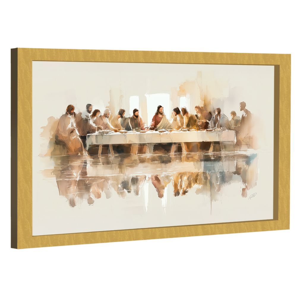 Quadro Decorativo Santa Ceia Minimalista Retangular com Moldura Dourada BR Artes