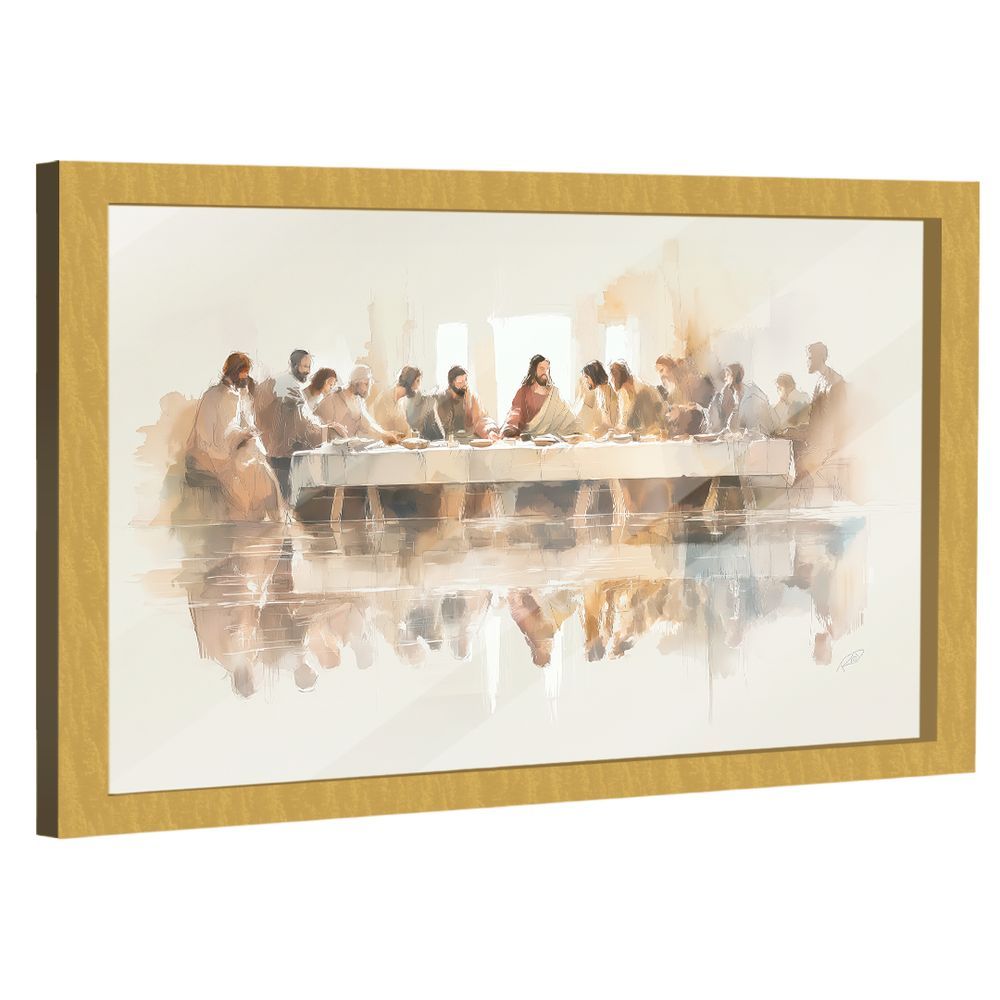 Quadro Decorativo Santa Ceia Minimalista Retangular 180x90CM em MDF com Vidro Dourado BR Artes