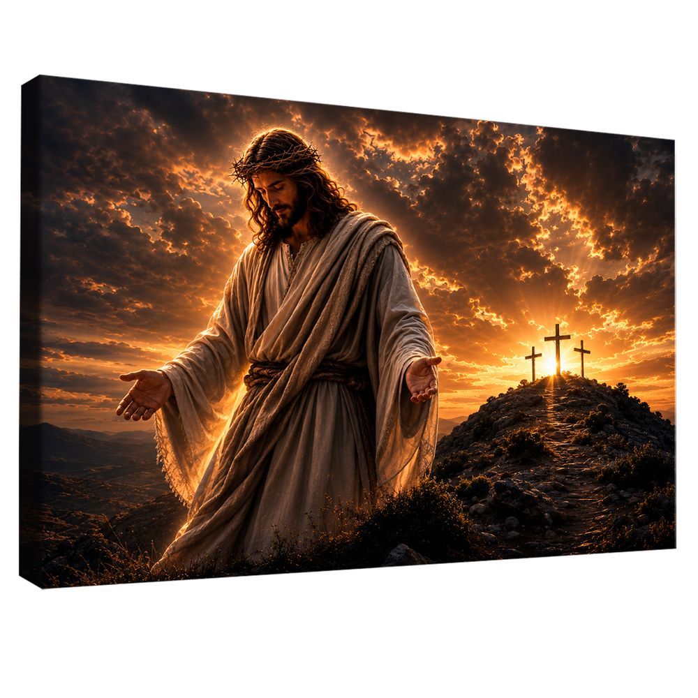 Quadro Decorativo a Grandeza de Cristo Borda Infinita 84x54cm em Canvas com Moldura de Madeira Nobre Marrom BR Artes