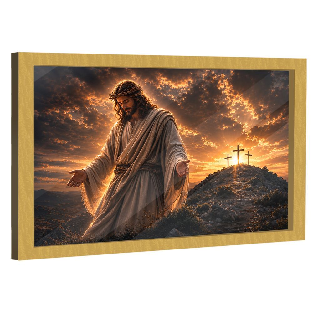 Quadro Decorativo a Grandeza de Cristo Retangular 118x78CM em Madeira Nobre Reflorestada com Vidro Dourado BR Artes