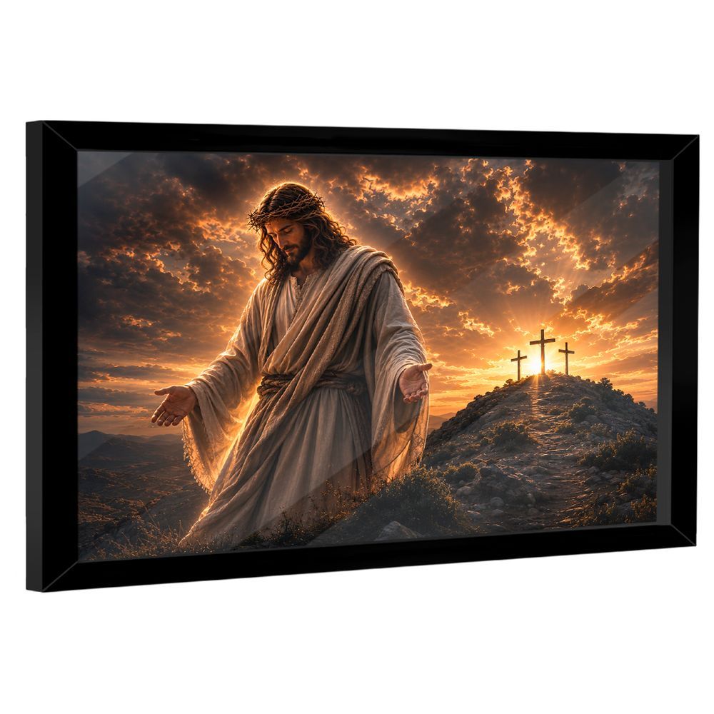 Quadro Decorativo a Grandeza de Cristo Retangular com Moldura e Vidro em Madeira Nobre Reflorestada Preto BR Artes