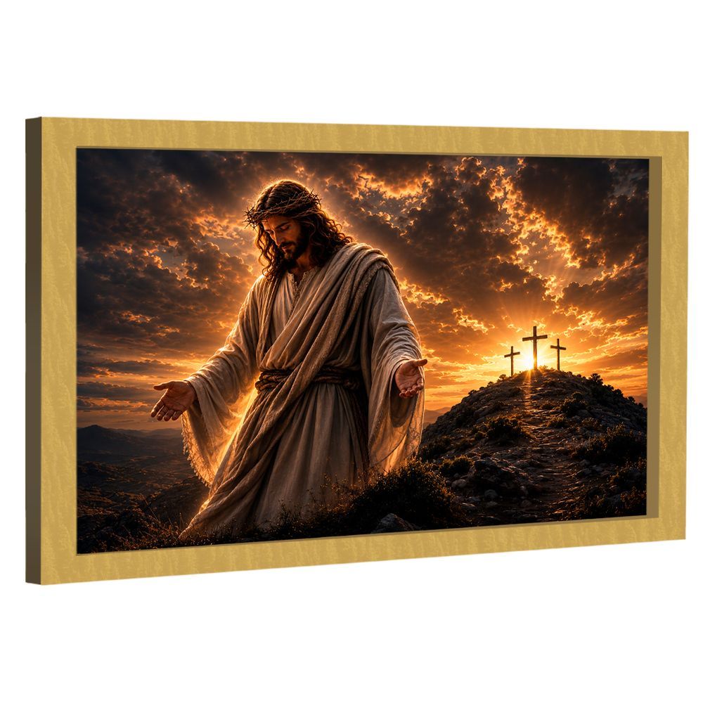 Quadro Decorativo a Grandeza de Cristo Retangular em Canvas com Moldura Dourada em Madeira Nobre Reflorestada BR Artes