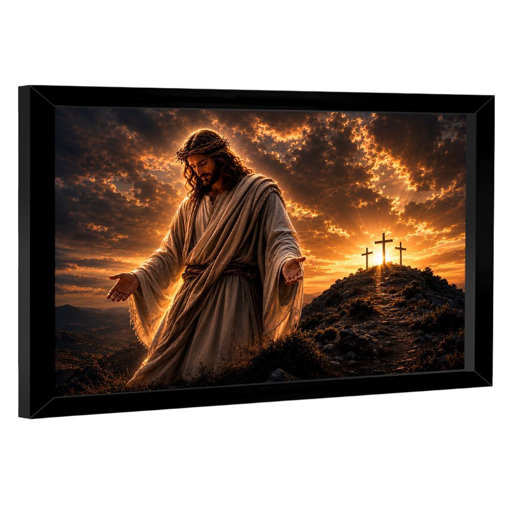 Quadro Decorativo a Grandeza de Cristo Retangular em Canvas com Moldura Madeira Nobre Reflorestada Preto BR Artes