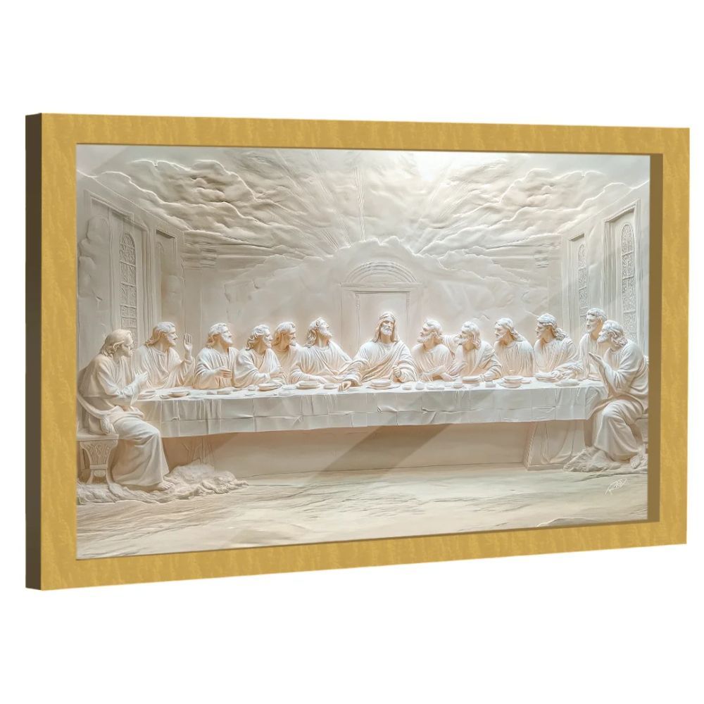 Quadro Decorativo Santa Ceia Minimalista Retangular com Moldura Dourada e Vidro Dourado BR Artes