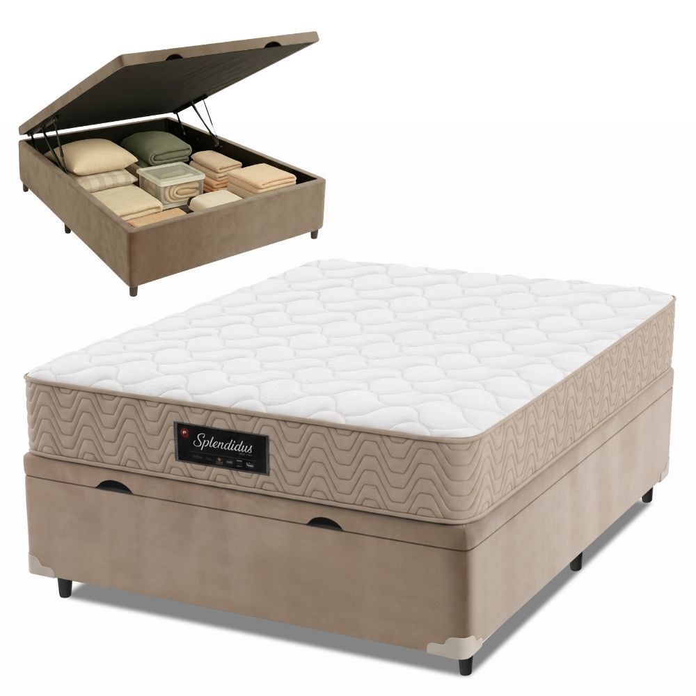 Cama Box com Baú Casal Splendido Pillow Top Molas Ensacadas Tecido Liso Bege Metalurgia Munhoz 138CM 138x188x65CM