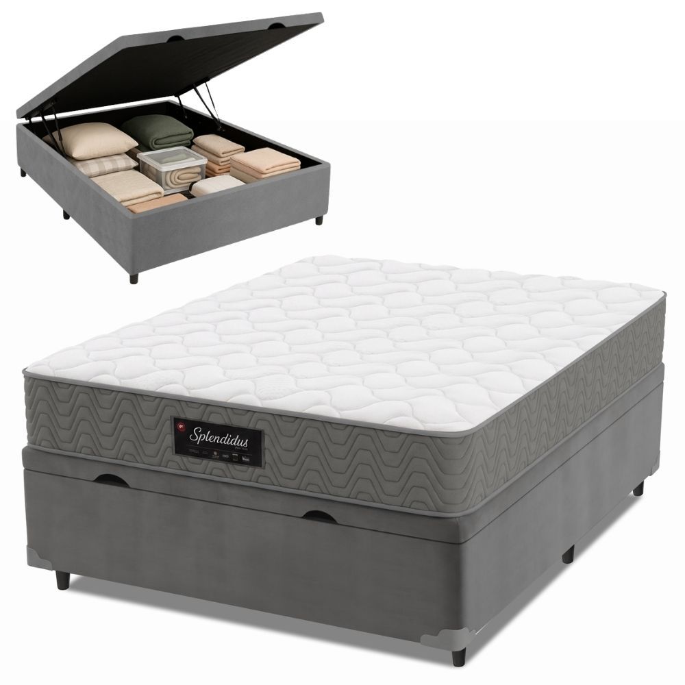 Cama Box com Baú Casal Splendido Molas Ensacadas Tecido Liso Cinza Metalurgia Munhoz 138CM 138X188X65CM